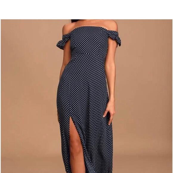 Lulu’s Navy Polka Dot Off-Shoulder Maxi Dress - Small - Picture 2 of 9